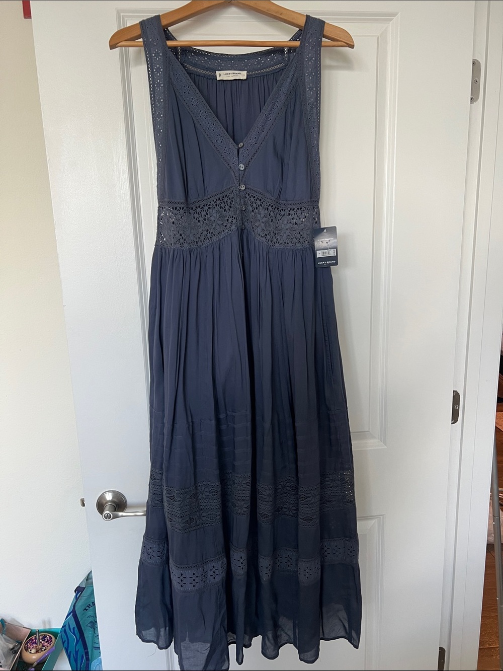 NWT Lucky Brand Nightshadow Navy Blue Eyelet-Trim Maxi Dress - Picture 3 of 11